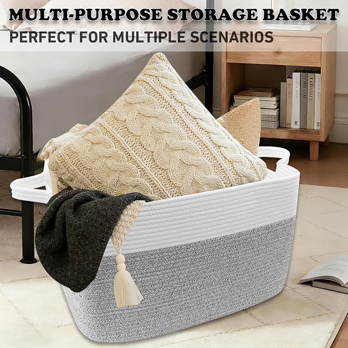 65L Collapsible Woven Rope Laundry Basket with Handles,White/Grey | 21x16x12 Foldable Rectangular Blanket Basket for Toys, Clothes & Pillows,Ideal for Nursery, Bathroom, Bedroom, Living Room