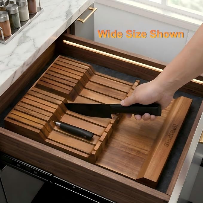 In Drawer Knife Block Acacia Wood, Knife Drawer Organizer Insert Large | 17-Slot Space Saving Drawer Knife Block, Secure Blade Tip Shield & Naturally Moisture-Free Timber (Knives Not Included)