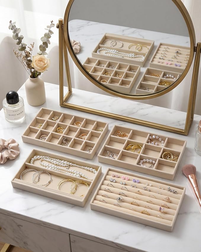Jewelry Organizer Trays Set of 8,Velvet Jewelry Tray Stackable Storage Drawer Trays for Earring Ring Necklace Jewelry Display Case(8 Set,Beige)