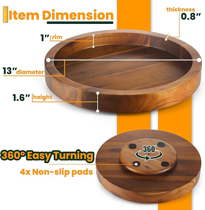 TIDITA 13" Acacia Wood Lazy Susan Organizer for Cabinet - Round Lazy Susans Turntable for Countertop - Wooden Kitchen Rotating Storage Food Bin Container for Centerpiece Table, Spices, Pantry