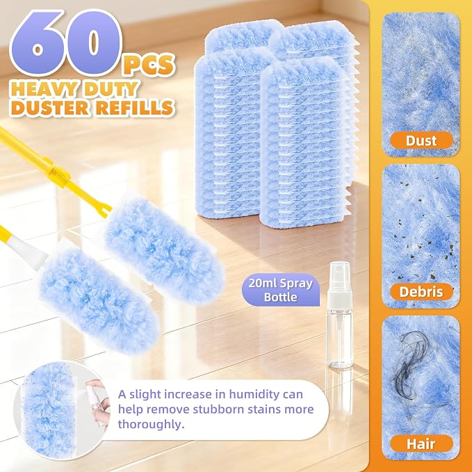 60 PCS Duster Refills for Swiffer Duster, 360 Heavy Duty Duster Refills with 3 FT Extended Handle and Short Handle, Disposable Dusters for Cleaning Ceiling Fan, Blinds, Vent, Furniture