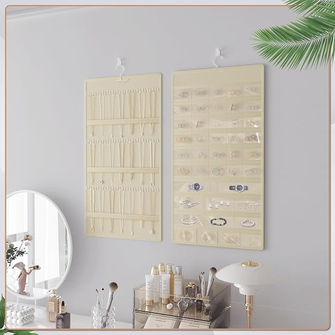 Hanging Jewelry Organizer, Double-Sided Necklaces Holder, Beige | 42 clear pockets organize rings & earrings; 36 wire necklace hooks reduce tangles; top hook hangs in closets, walls or doors.