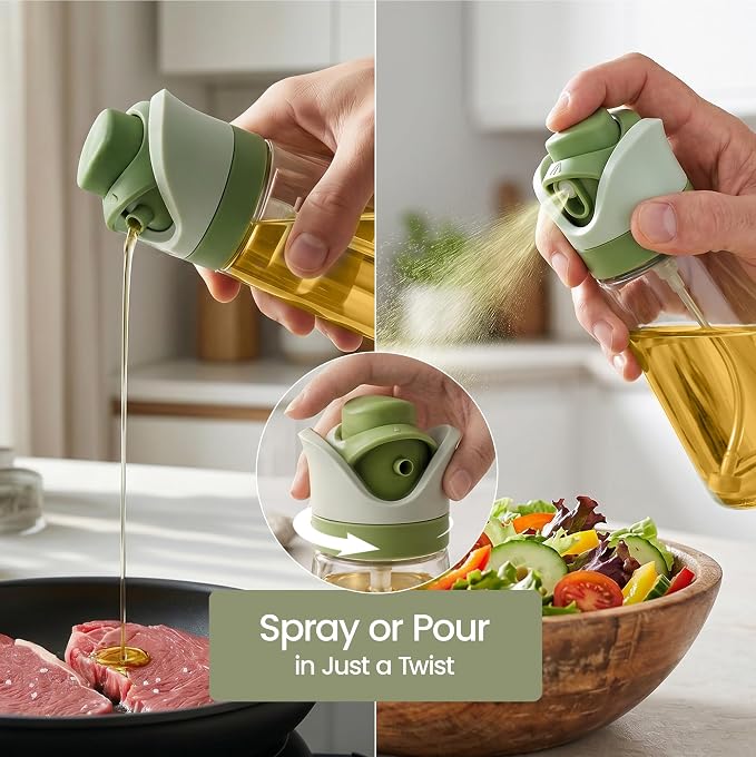 Olive Oil Dispenser for Kitchen 2-in-1 Pour and Spray | 11.5 oz / 340 ml | Glass Olive Oil Sprayer for Cooking, Airfryer, Salad & BBQ | Set of 2 Bottles, Green
