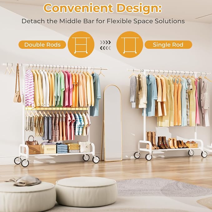 Heavy Duty Clothes Rack Load 860LBS, Double Rods Rolling Clothing Racks for Hanging Clothes, Rolling Garment Rack With Sturdy Wheels Shelves, Portable & Adjustable Commercial Garment Rack, White