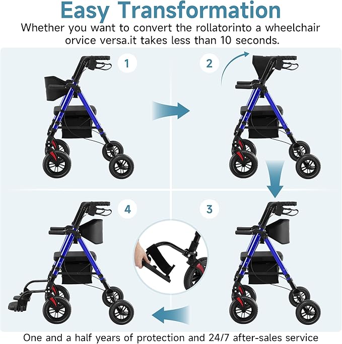 Walkers for Seniors, 2 in 1 Rollator Wheelchairs Combo 10" Big Wheels Walker with Seat, Rollator Transport Chair with Brakes Folding Rolling Walker for Adults, Blue
