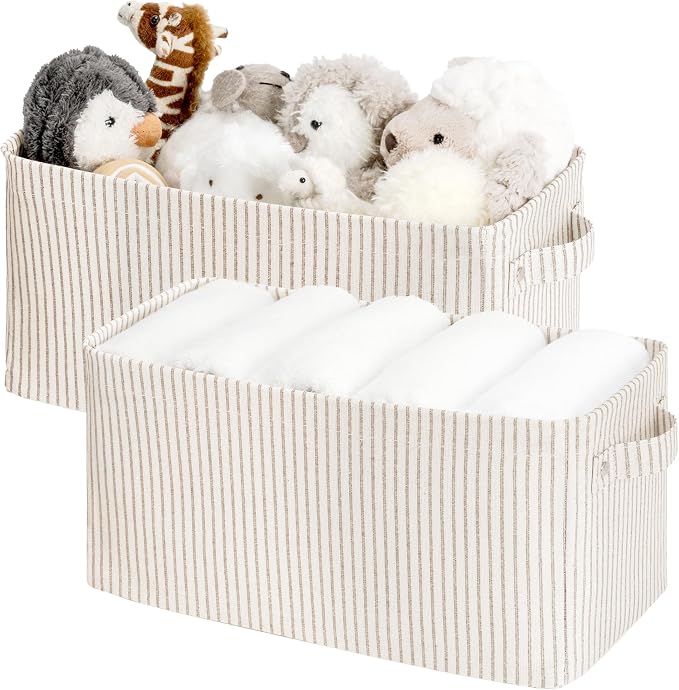 StorageWorks Narrow Storage Bins, Small Basket for Closet and Shelves, Rectangular Fabric Organizer with Handles, Toilet Paper Storage, Khaki and Beige Stripes, 2-Pack