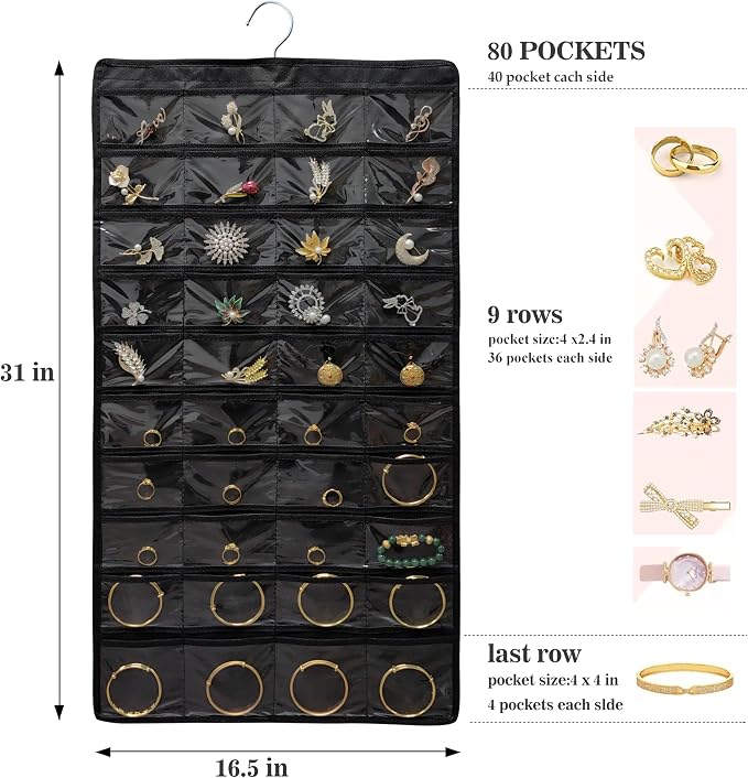 Hanging Jewelry Organizer for Closet Wall Door Double-Sided Jewelry Holder for Earrings, Necklaces, Rings 1 Pcs (Black)