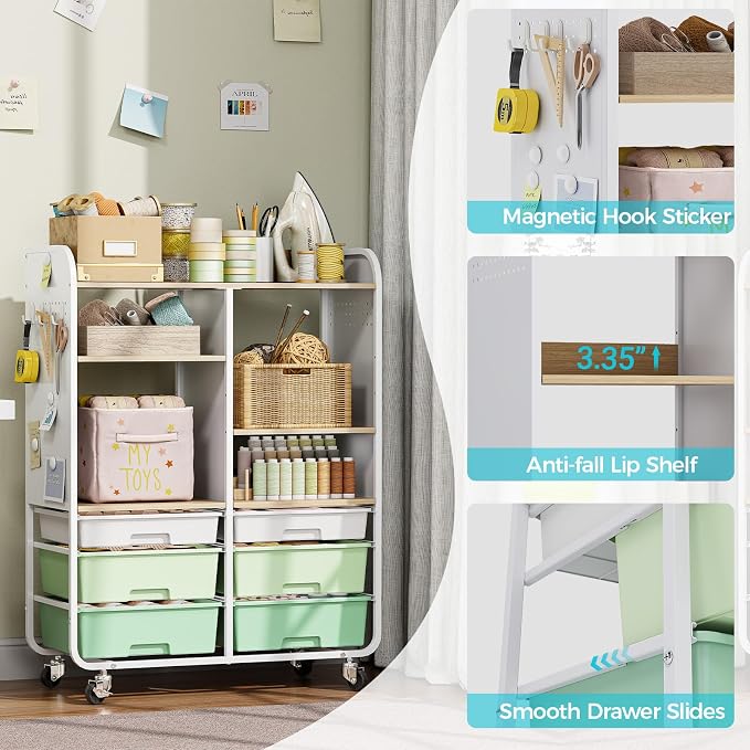 6-Drawer Rolling Storage Cabinet with Wooden Top & Pegboards，Utility Craft Cart with 2 Adjustable Shelves and Lockable Wheels,Mobile Organizer for School Dorm,Classroom,Artroom,Craftroom (Green)