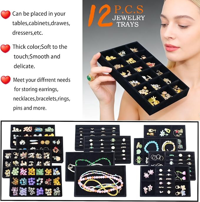12 Set Jewelry Trays Organizer Stackable Jewelry Display Case Storage Box for Earring Necklace Rings Bracelet Watch, Black