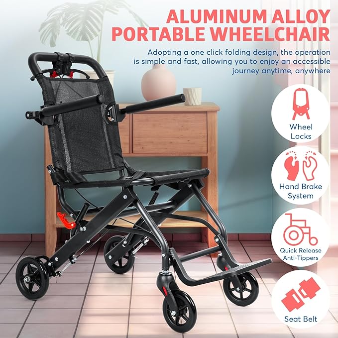 cdar Lightweight Transport Wheelchair, Aluminum Alloy Foldable Wheelchairs for Adults, Portable Transportation Travel Wheelchairs, Outdoor Collapsible Wheelchair with Storage Bag, Bearing 286lbs Black