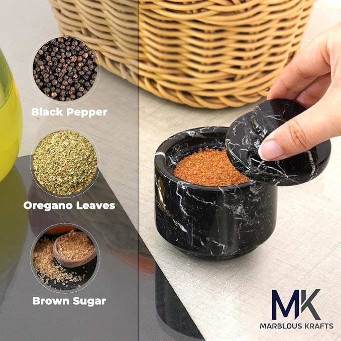 MARBLOUS KRAFTS Marble Salt Cellar 3" Black Zebra Stone salt dish, Sugar, Seasoning salt containers for Countertop, Modern salt holder with lid, Kitchen Spice Jar