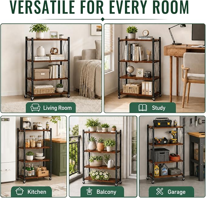black leopard 4-Tier Foldable Shelf with Wheels, Wood-Grain Steel Shelves | Pre-assembled frame unfolds in seconds with tool-free wheel setup for fast, convenient use