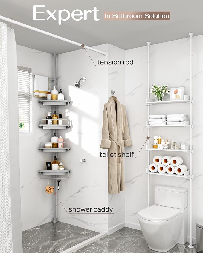 ALLZONE Corner Shower Caddy Tension Pole, Extendable Rustproof Stainless Steel Pole & 4-Tier Adjustable Shelves for Easy Drainage and Built-to-Last Stability, 34 to 116 Inches, Grey
