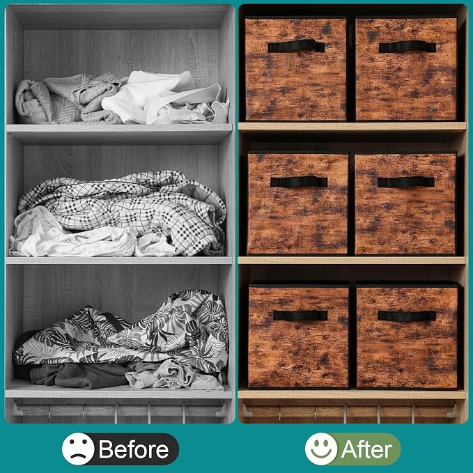 Stero Fabric Storage Cubes, 6 Pack Foldable Storage Bins with Handle, 13 Inch Box for Shelves, Closet, Organizer, Rustic Brown and Black