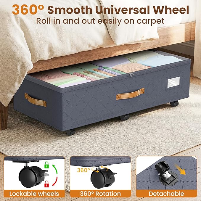Budding Joy 80L 2 Pack Adjustable Under Bed Storage Containers with Wheels | Rolling shoe storage organizer with clear lids and label for dorm home clothes, blankets, toys, easy to install, grey