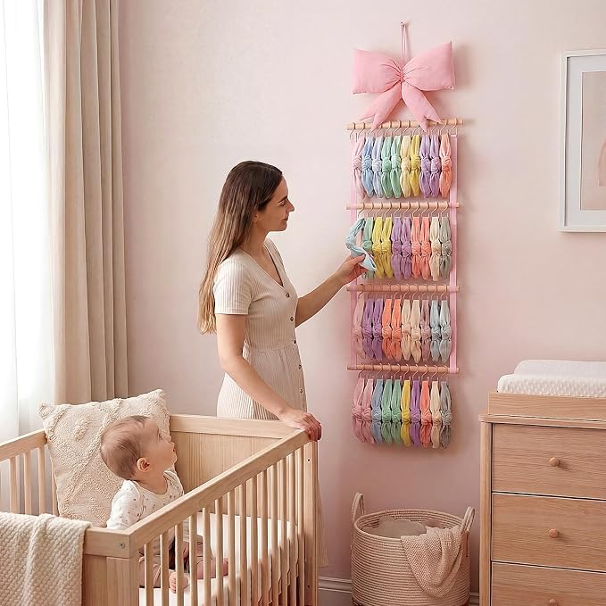 Sliner Pink Bow Headband Holder Head Bands Organizer for Girls, Baby Wall-mounted Headbands Hair Accessories Display Rack with 40 Plastic Hooks for Nursery Room Bedroom Living Room
