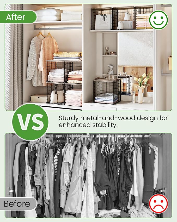 CHOEZON 4-Tier Closet Organizers and Storage, Stackable Storage Bin Baskets with Wooden Upper Surface, Closet Shelves Clothes Storage Cubes for Wardrobe and Closet Organization, Greige and Black