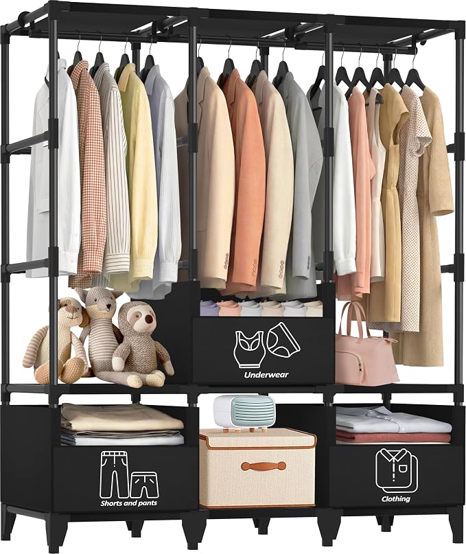 LOKEME Portable Closet,Sturdy Stable Large Capacity Wardrobe Closet,Clothes Rack with Shelves,3 Folding Areas,3 Storage Areas,3 Hanging Areas,Suitable for Bedrooms and Dormitory,50in Black
