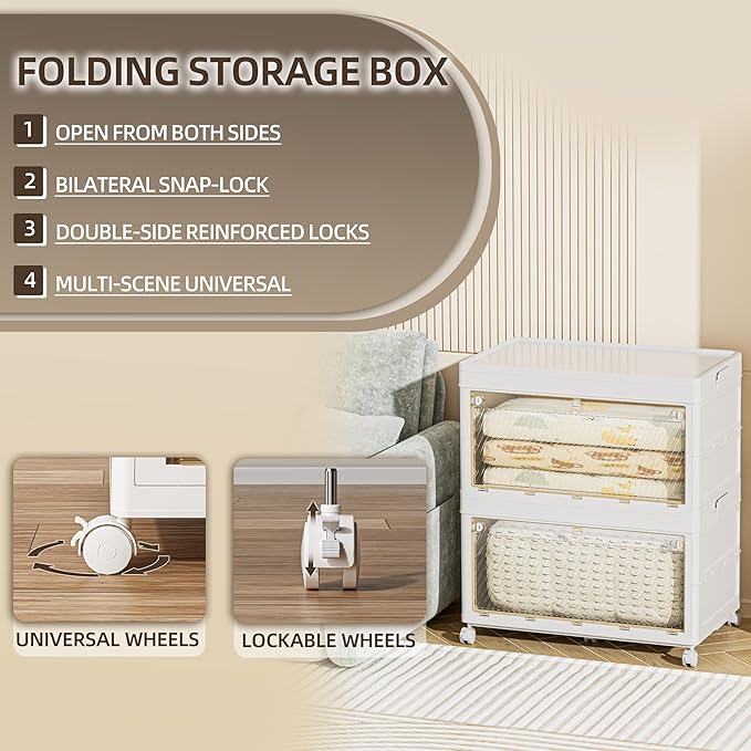 188 QT / 47 Gal Large Foldable Storage Cabinet with Wheels - Extra Capacity, Transparent Front & Back Doors, One-Pull Assembly, Silent Casters for Garage/Stockpile (PP Material)