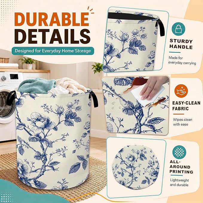 Vintage Blue Flowers Laundry Basket,Botanical Floral Foldable Oxford Laundry Hamper with Handles,Portable Clothes Tote Bag Clothes Storage Bucket Organizer For Bathroom/Laundry Storage/Bedroom