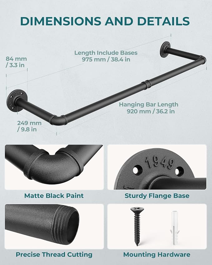 OROPY 38.4" Industrial Pipe Clothing Rack, Wall Mounted Clothes Rack | Heavy Duty Detachable Wall Mounted Clothes Rack, Iron Garment Bar, Multi-purpose Hanging Rod for Closet Storage, Black