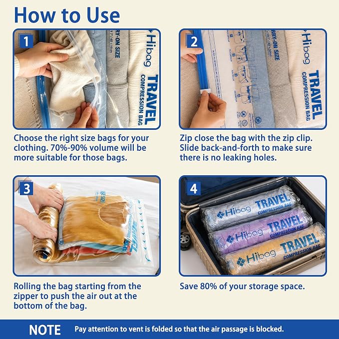 Compression Bags for Travel Essentials, Roll Up Bags No Vacuum Needed | for Cruise Flight, Extra Thick, Luggage Size Carry-on Suitcase Backpack, Waterproof