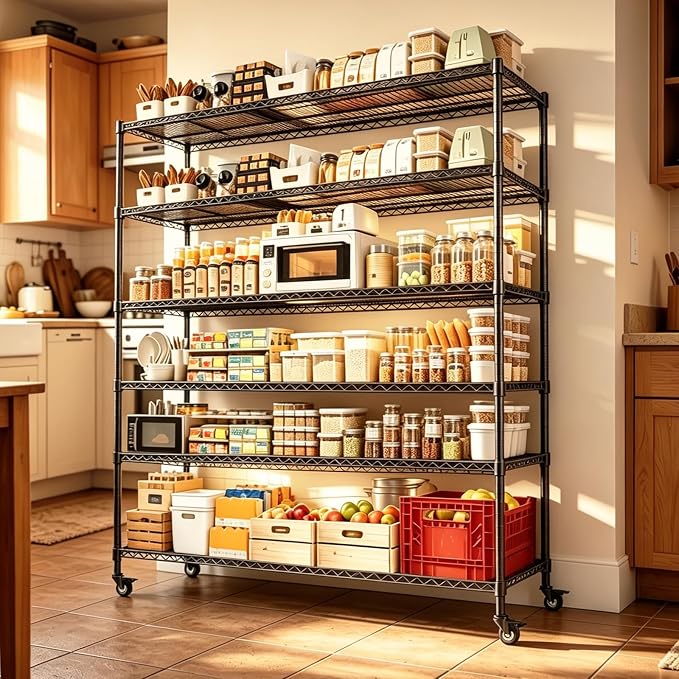 AIRAJ 46”W Storage Shelves with Wheels,6 Tier Wire Shelving,3600 LBS Metal Shelving Adjustable Layer Height,Garage Shelving Units for Kitchen,Pantry and Warehouse,Rolling Wire Rack,46”W×18”D×80”H