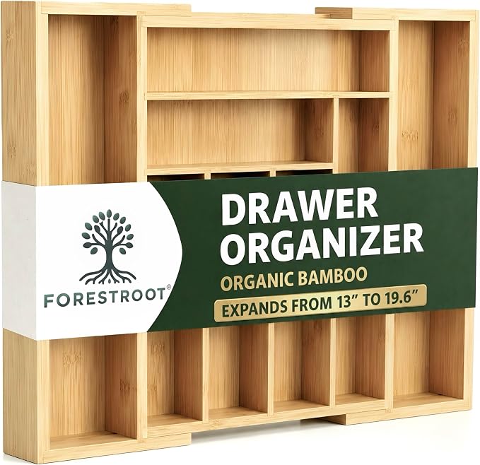 Bamboo Drawer Organizer, Expandable 8-Slot Silverware & Utensil Tray for Kitchen Drawers, Fits 13–19.5 Inch Drawers, Deep Compartments, Durable & Eco-Friendly Natural Bamboo