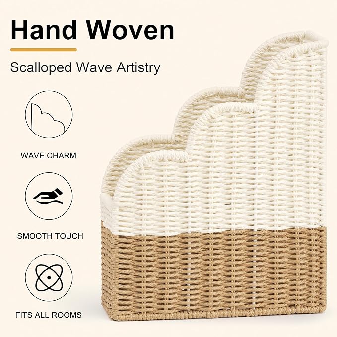 BROWNLILY Handwoven Paper Rope Magazine Holders with Scalloped Edge - Boho Desk Storage Organizers Set of 2 (Large & Small) for Books, Files, Home Office Decor