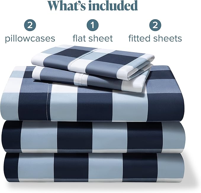 Bare Home Split King Sheet Set - 1800 Ultra-Soft Microfiber Bed Sheets - Double Brushed - Deep Pockets - Easy Fit - 5 Piece Set - Bedding Sheets & Pillowcases (Split King, Gingham Blue)