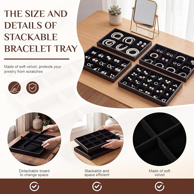 Unittype Set of 4 Stackable Jewelry Organizer Tray for Drawer Inserts Velvet Necklace Earring Bracelet Ring Holder Jewelry Display Storage Box for Bangle Stud Necklace Ring(6/12/15/24 Grid,Black)
