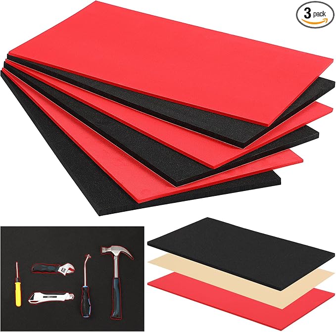 Sumind 3 Sets 12 x 24 Inch Tool Box Foam Organizers Liner Adjustable Inserts Foam Non Slip Liner Mat for Tool Box, Cabinet and Chest Drawers, Black Top and Red Bottom