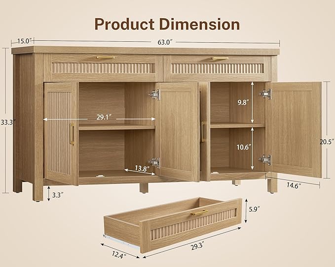 usikey 63" Buffet Cabinet with Storage, 2 Adjustable Shelves and 2 Drawers | Large Sideboard Cabinet, Modern Fluted Coffee Bar for Kitchen, Living Room, Natural