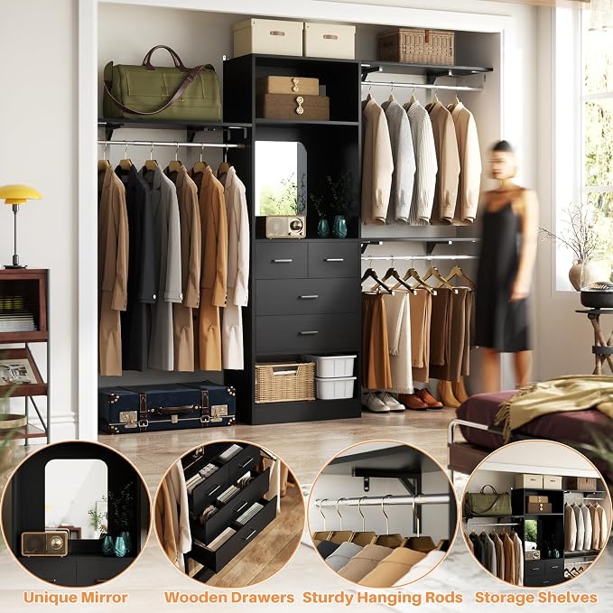 Unikito 8FT Closet System with 4 Drawers, 96" Wood Closet Organizer with Mirror and Hanging Rods, Sturdy Walk in Wardrobe Closet Insert with Tower, 96" W x 16" D x 80" H (Can Be Cut To Fit), Black