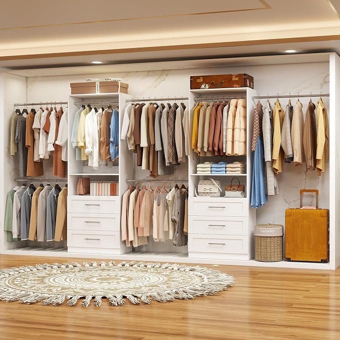 Closet System with Drawers, closet organizer system,2 Sets 4-15FT | 6 Wooden Drawers Storage, 10 Expandable Hanging Rods,Wall Mount, White