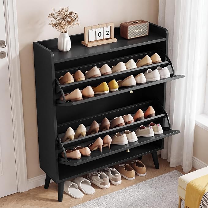 BERRYMERRY 31.5” Fluted Shoe Cabinet Storage with 2 Flip Drawers,Freestanding Narrow Shoe Storage Organizer Cabinet with Wave Profile for Entryway,Hallway,Living Room (2 Drawers Black)
