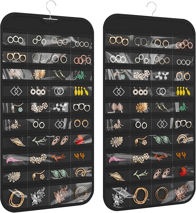 Hanging Jewelry Organizer 80-Pocket Double-Sided Storage, 1-Pack, Black | Foldable clear PVC 80-pocket storage; swivel hook fits walls, doors & rods to organize earrings, necklaces, bracelets & rings