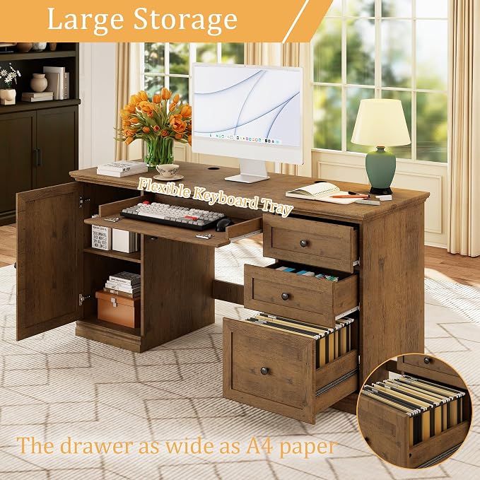 blini Large Farmhouse Executive Desk with Drawers，Wood Computer Desk，Embossed Texture Home Office Desk with File Cabinet Storage, Cable Management, Keyboard Tray，Working Table for Work Study Writing