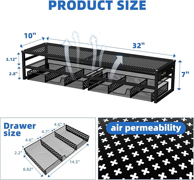 Simple Trending 2-Tier Metal Dual Monitor Stand with USB & 2 Drawers, Black | 32"W x 10"D x 7"H. USB 2.0 + charging port. 2 drawers. Mesh cooling vents. Holds 100 lbs. Non-slip base. Cable ties included.