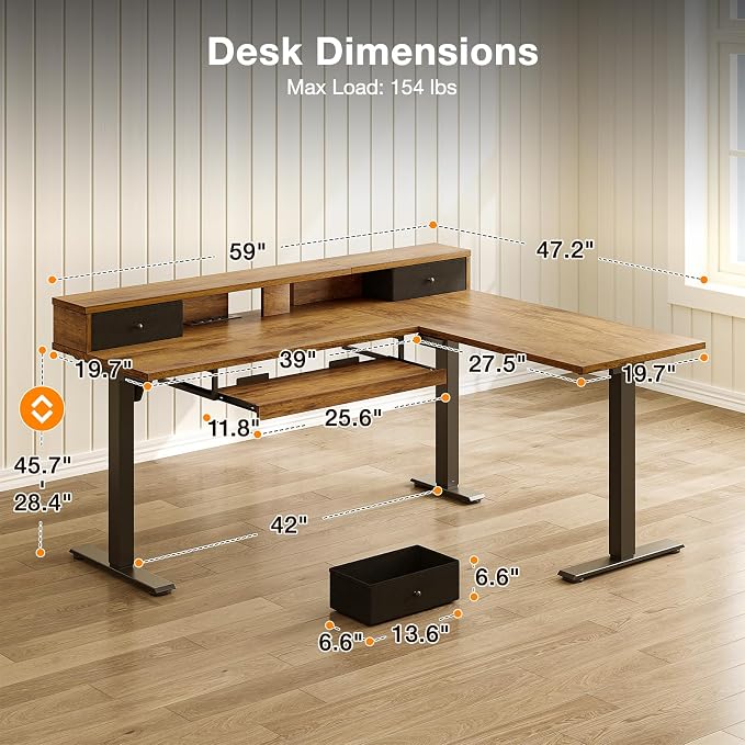 Casaottima 59" L Shaped Electric Standing Desk with Drawers, Rustic Brown | Monitor Stand, Keyboard Tray, Fabric Drawer, Power Outlets, Height Adjustable Corner Stand Up Desk for Organized Home Office