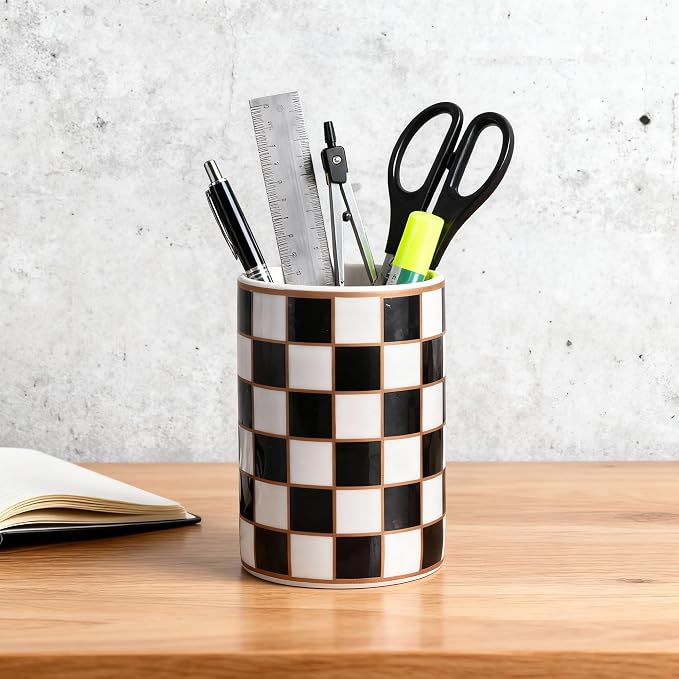 Ceramic Checkered Pen Holder For Desk,Cute Stand Black And White Pencil Cup,Durable Ceramic Pencil Cup, Decorative Makeup Brush Holder Cup, Stationery Holder for Office, School, Home (Black)