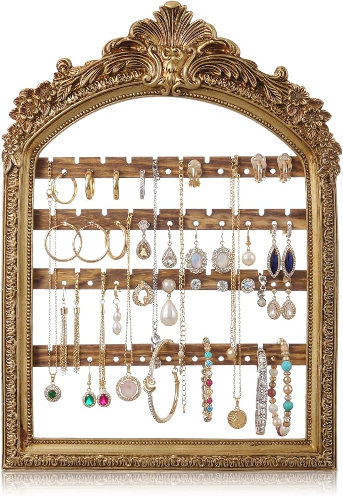 1 Pcs 13 x 9.3'' Wall Hanging Earring Holder Organizers Vintage Arched Frame 4 Layer Wall Mounted Jewelry Holder Decorative Retro Baroque Stud Earring Display (Gold)