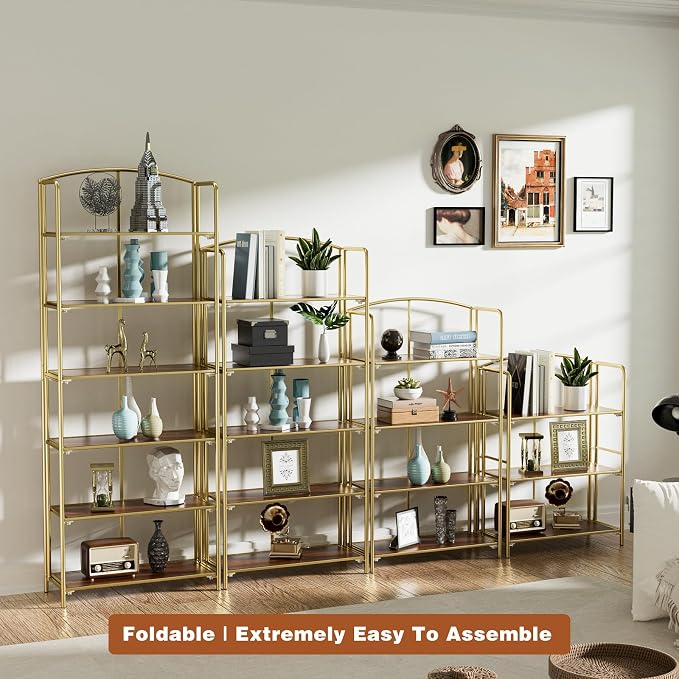 Crofy 4-Tier Wider Foldable Bookshelf, Gold Frame & Walnut Shelves | No-Assembly Collapsible Portable Storage Organizer; Sturdy Walnut Finish Shelves; Ideal for Living Room & Home Office