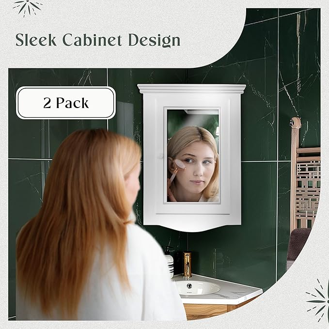 Renovators Supply Corner Medicine Cabinet with Mirror - Wall Mount Wooden Bathroom Medicine Cabinet - Double Shelf Storage Cabinet with Hardware - Hanging Bathroom Cabinet - White, Pack of 2