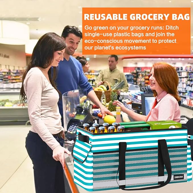 Extra Large Utility Tote Bag with Reflective Strip, Standing Reusable Grocery Bags with Hard Bottom, Collapsible Utility Tote with Handles for Shopping, Beach, Picnics, Car, Striped Green