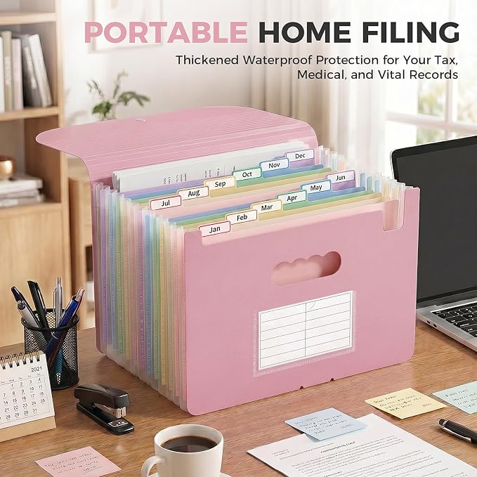 SKYDUE 13-Pocket Expanding File Folder, Accordion Document Organizer with Monthly Labels, A4 & Letter Size for Tax Records, Medical Files, Receipts, Home Office Use Pink