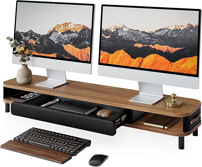 Fenge Dual Monitor Stand with Large Storage Drawer, 42.5" Dsek Shelf, Brown | Slide-Out Drawer, Ergonomic Monitor Riser, Aluminum leg, 2-Tier Desk Organizer for Laptop, TV, PC