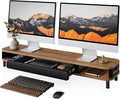 Fenge Dual Monitor Stand with Large Storage Drawer, 42.5" Dsek Shelf, Brown | Slide-Out Drawer, Ergonomic Monitor Riser, Aluminum leg, 2-Tier Desk Organizer for Laptop, TV, PC