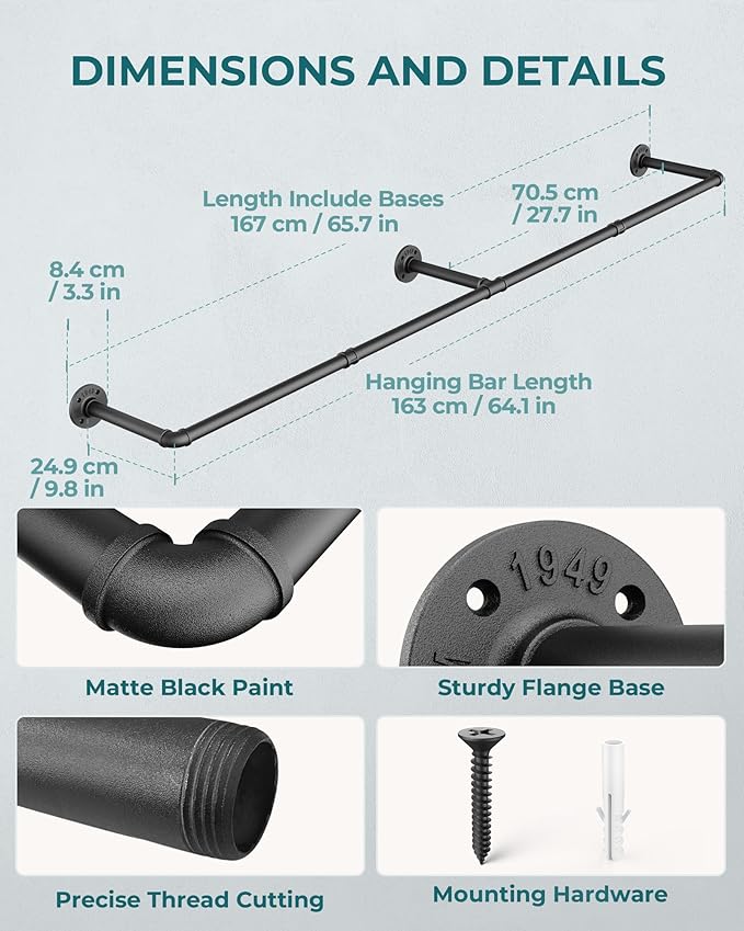 OROPY 65.7" Heavy Duty Industrial Pipe Clothes Rack for Hanging Clothes 2PK | Wall Mounted Clothes Bar, Space Saving Iron Garment Rack, Multi-Purpose Hanging Rod for Bedroom, Closet, Black, 3 Base