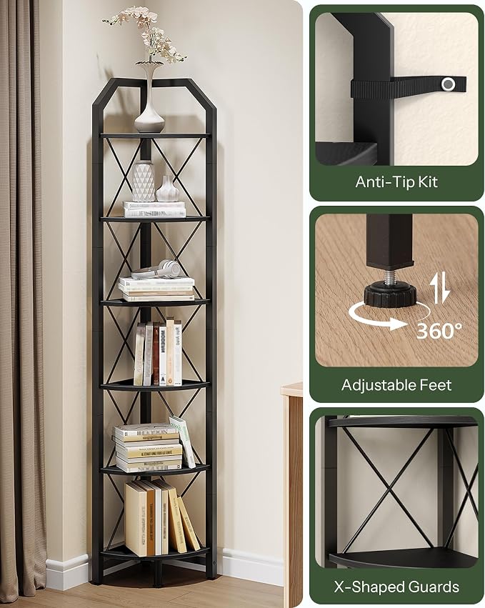 CHOEZON 6-Tier Corner Shelf, Industrial Corner Bookshelf, 71.2" Display Storage Stand, Plant Stand Display Shelf, Tall Bookcase for Bedroom, Living Room, Home Office, Black TCJ11BB